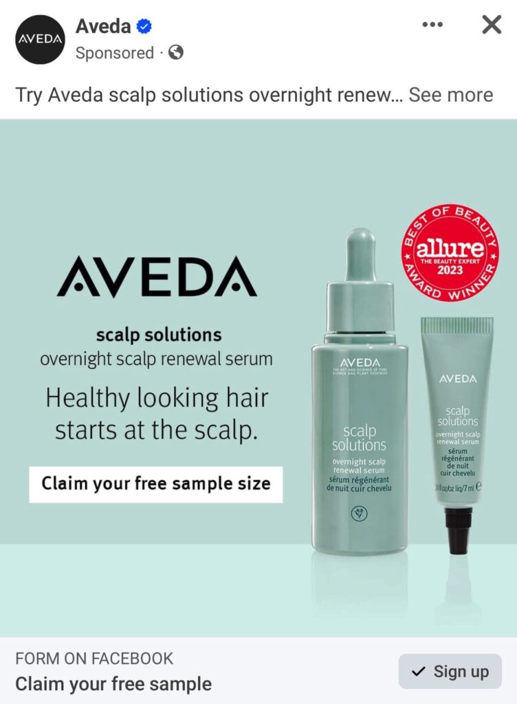 Aveda Overnight Scalp Renewal Serum sample ad facebook