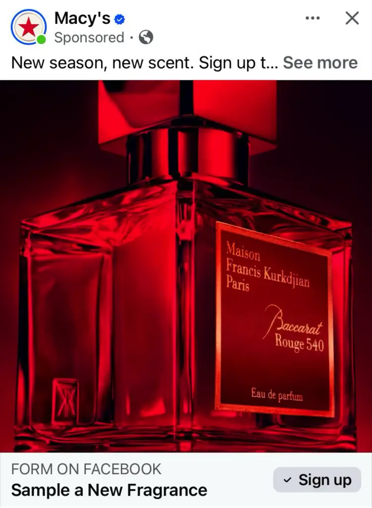 Baccarat Rouge 540 Fragrance Sample ad on facebook