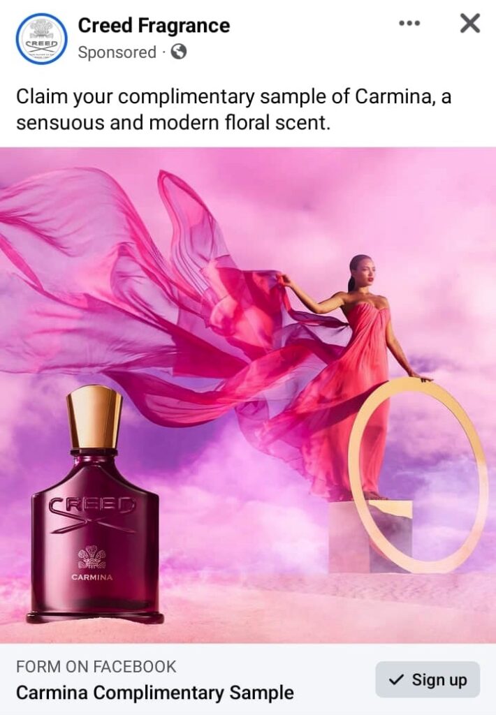 Creed Carmina Fragrance sample ad facebook