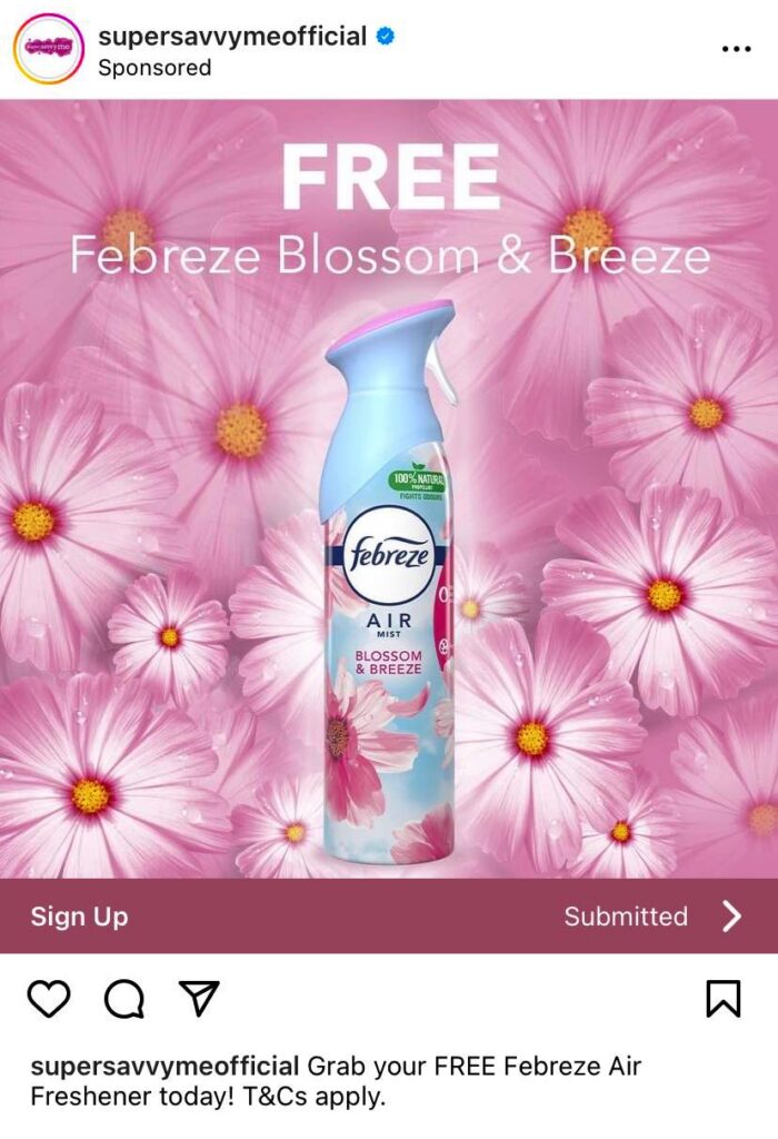Free Febreze Air Mist coupon ad instagram supersavvyme