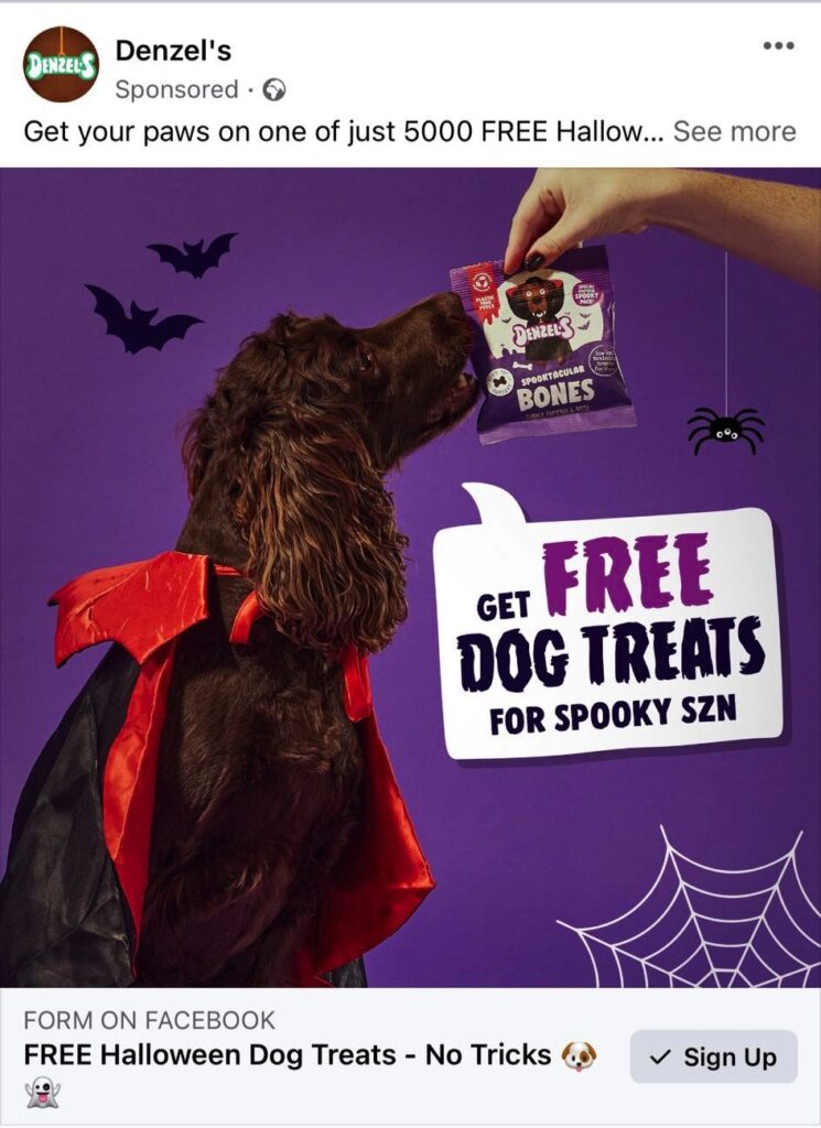 Free Halloween Dog Treats fron Denzel's ad facebook