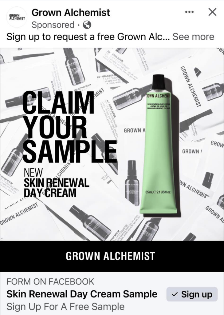 Grown Alchemist Day Cream sample ad facebook