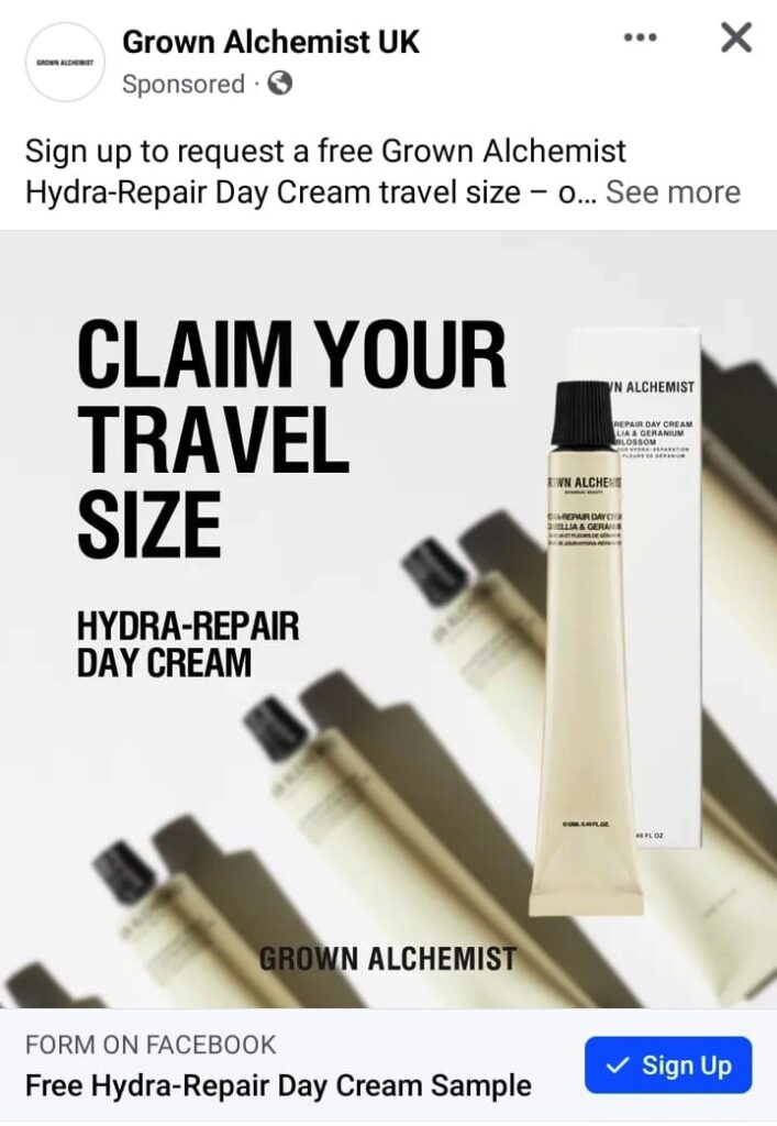 Grown Alchemist Hydra Repair Cream sample advert facebook