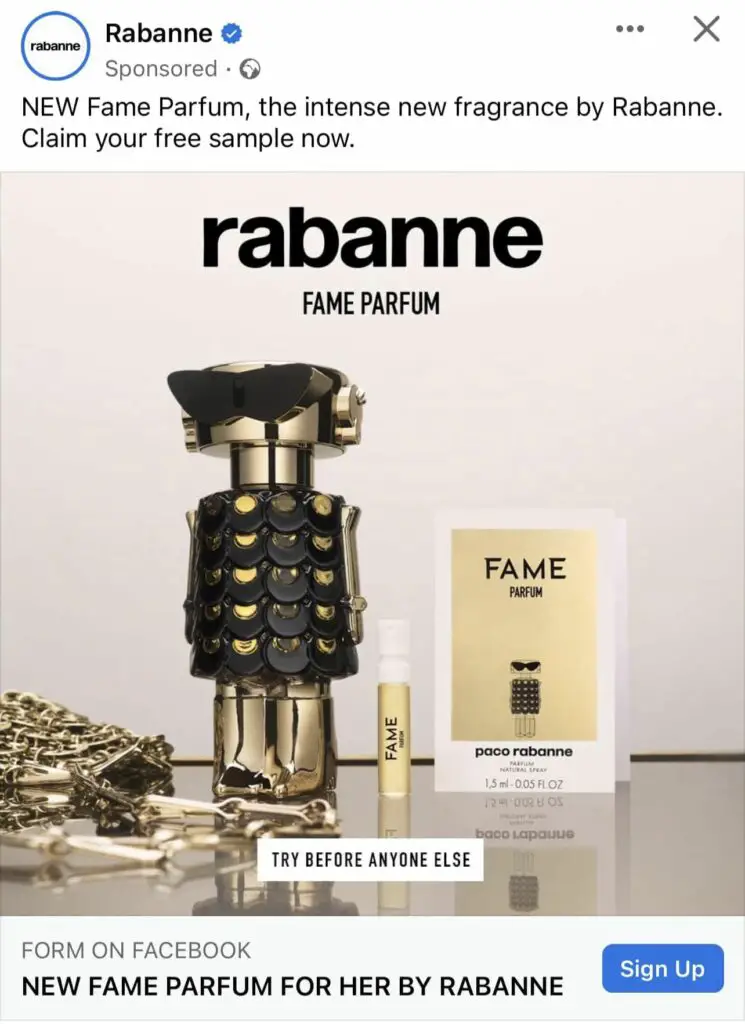 Paco Rabanne Fame perfume sample ad facebook