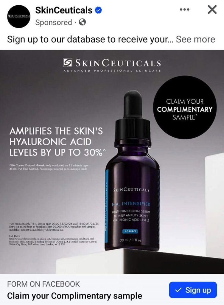 Skinceuticals-HA-Intensifier-serum-sample ad on facebook
