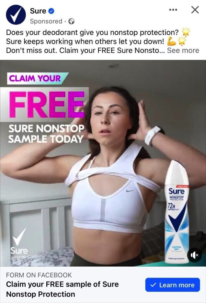 Sure Antiperspirant Deodorant sample ad facebook nonstop protection
