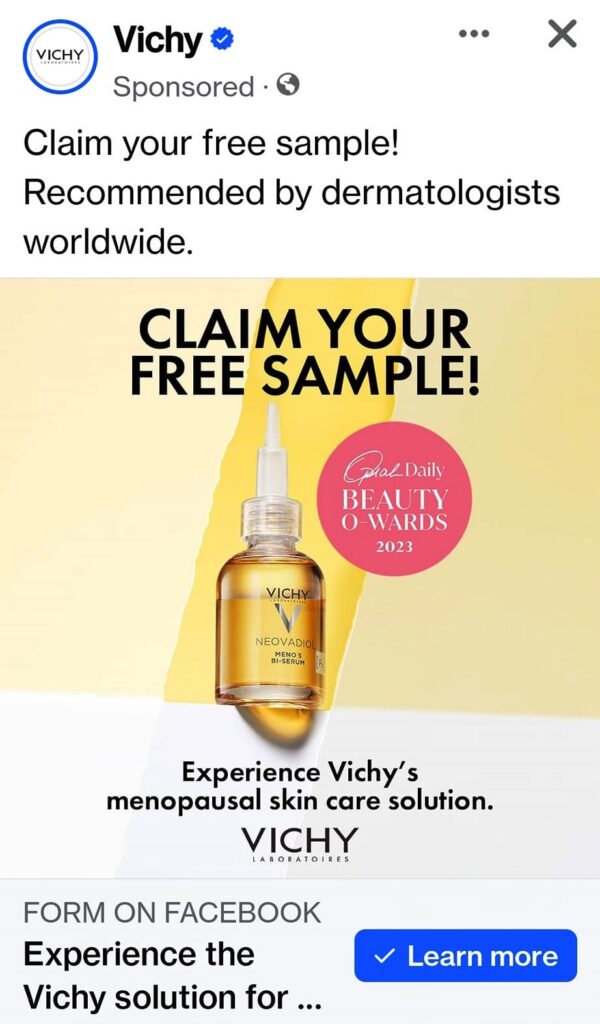 Vichy Neovadiol Meno 5 Serum sample ad on Facebook