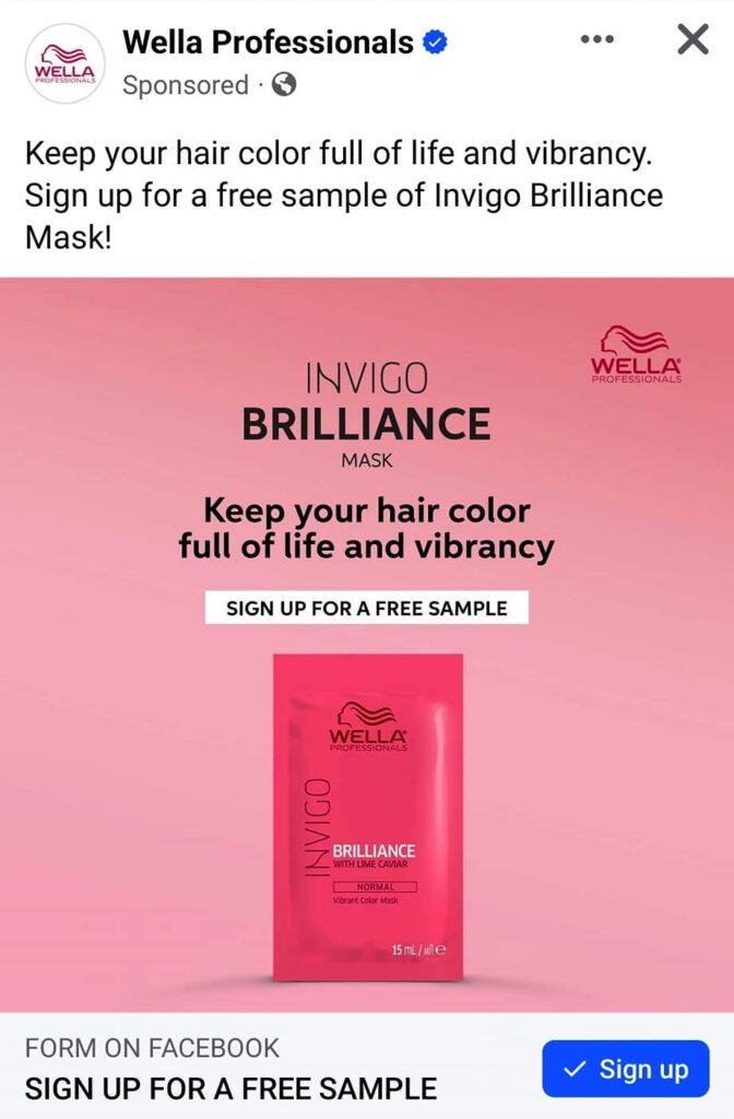 Wella mask sample ad facebook