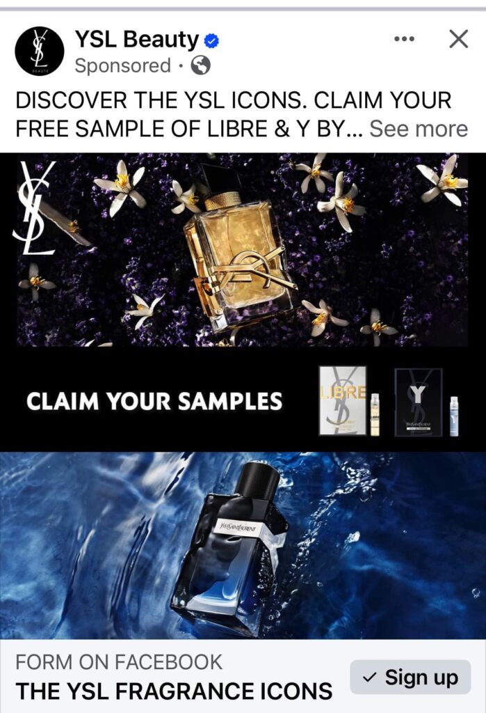 YSL Libre + YSL Y Fragrance samples ad on Facebook