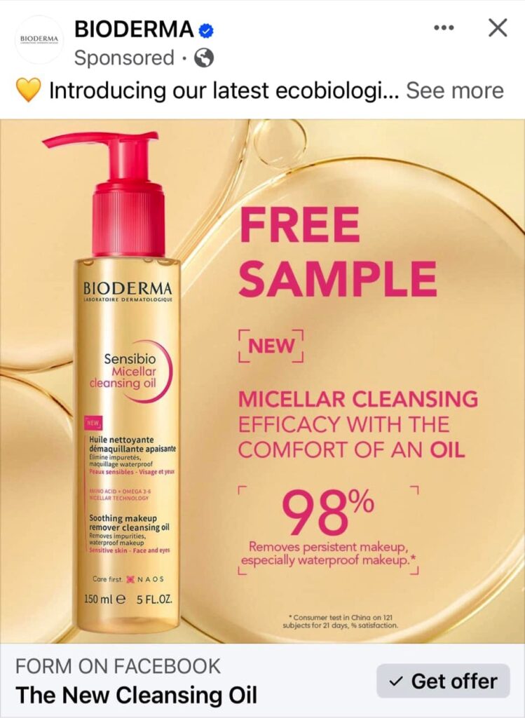 Bioderma Cleansing Oil sample ad facebook