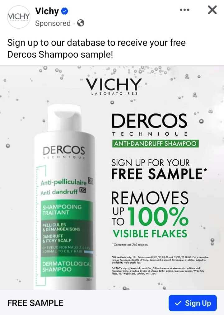 Dercos Anti-Dandruff Shampoo sample ad facebook