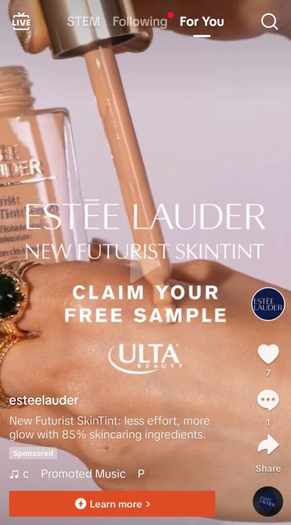 Estée Lauder Futurist Skin Tint sample ad tiktok
