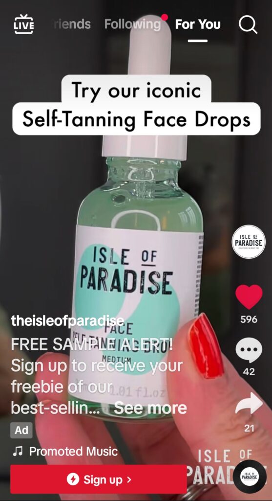 Isle of Paradise Self Tanning Drops sample ad tiktok