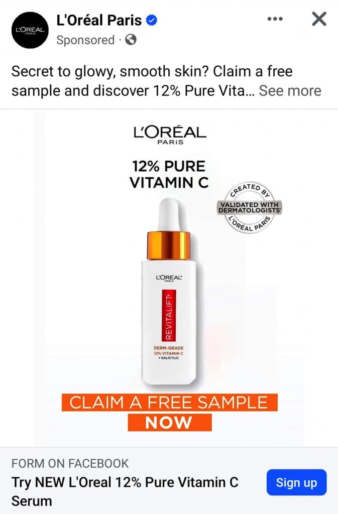 L'Oreal Pure Vitamin C sample ad facebook