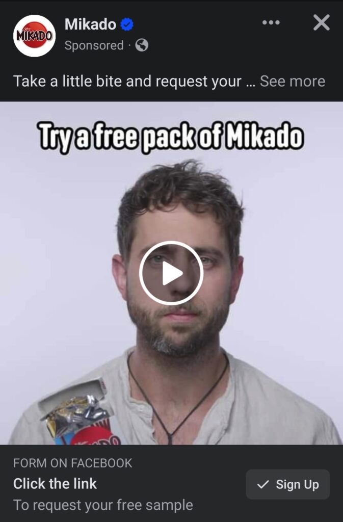 Mikado Chocolate Milk Biscuits sample ad Facebook