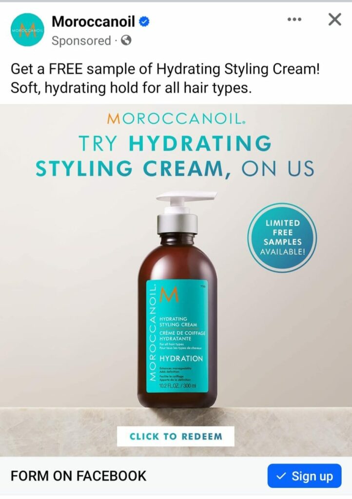 MoroccanOil Hydrating Styling Cream sample ad facebook