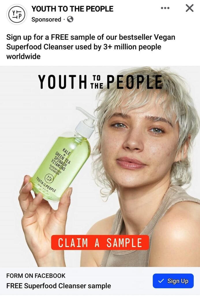 Youth to The People Superfood Cleanser sample ad Facebook