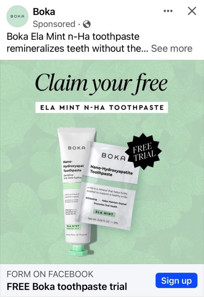 Boka Toothpaste sample ad facebook