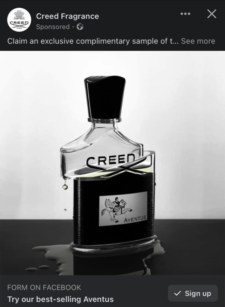 Creed Aventus sample ad on Facebook