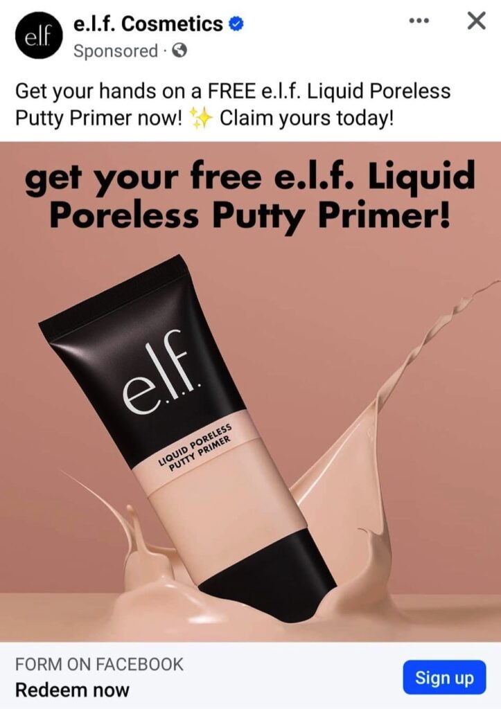 ELF Liquid Putty Poreless Primer sample ad on Facebook