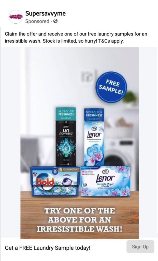 Laundry Sample Pack ad facebook SuperSavvyMe
