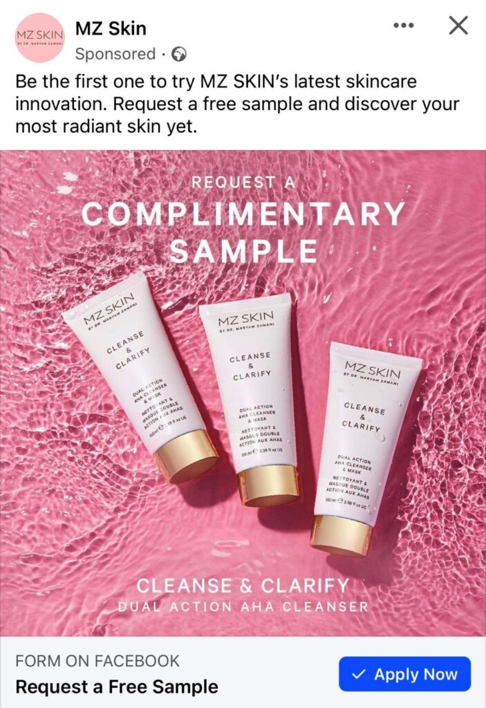 MZ Skin Cleanser sample ad facebook