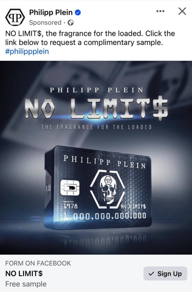 Philip Plein NO LIMIT$ sample ad Facebook