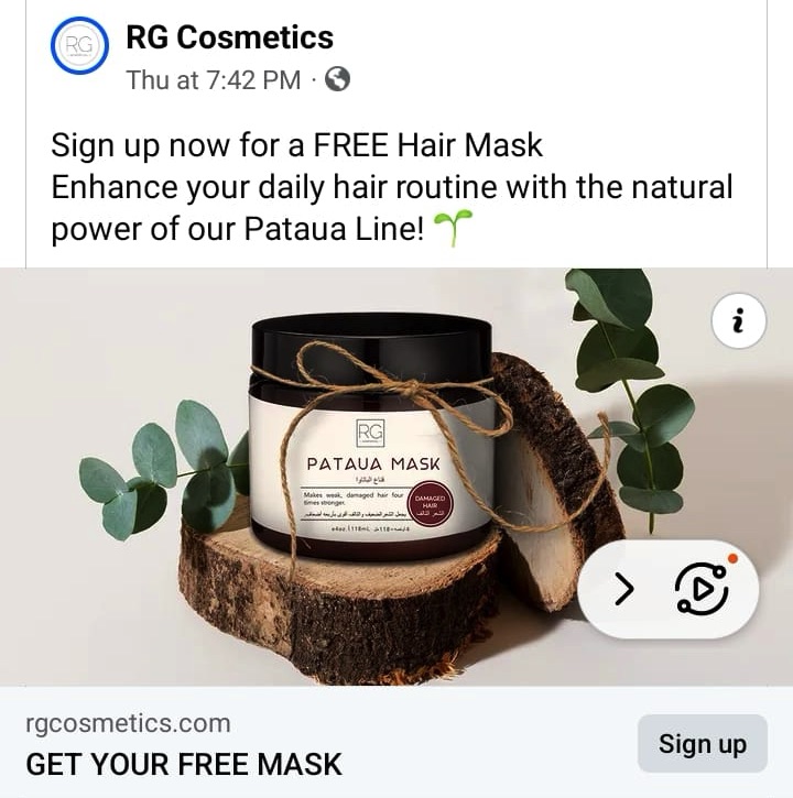RG Cosmetics Hair Mask sample ad facebook