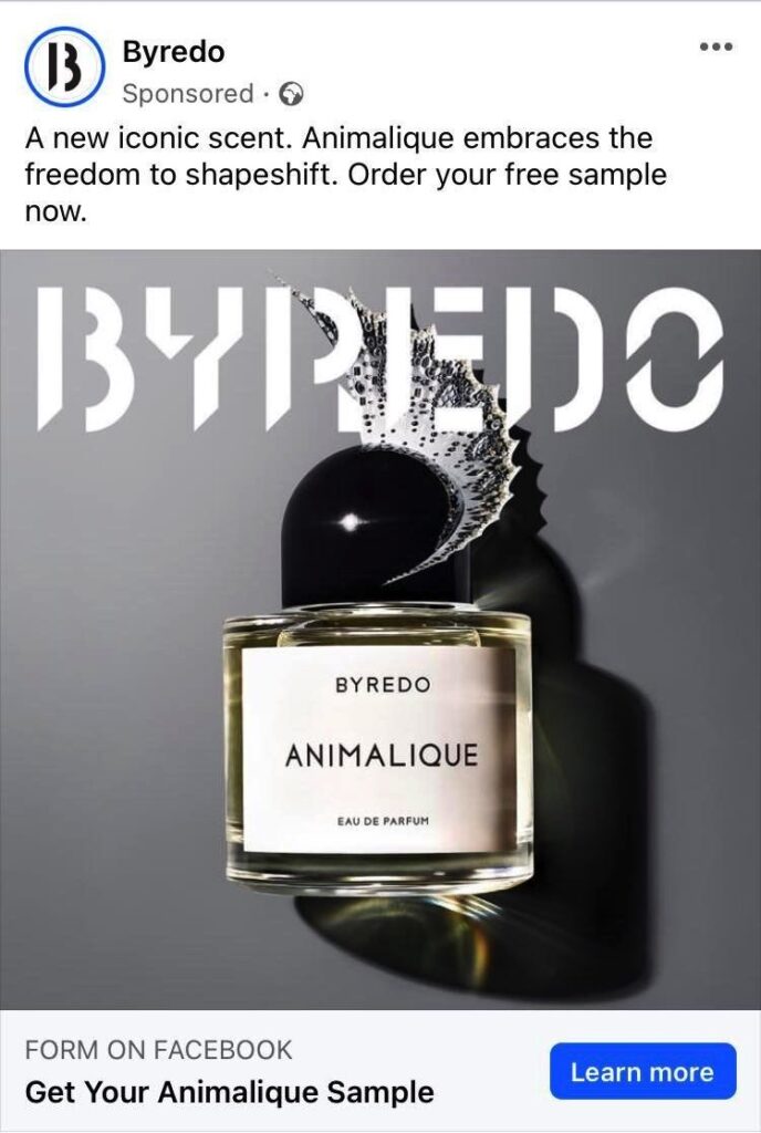 Byredo Animalic perfume sample ad facebook