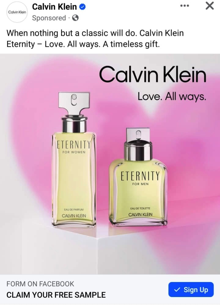 Calvin Klein Eternity Love sample ad Facebook