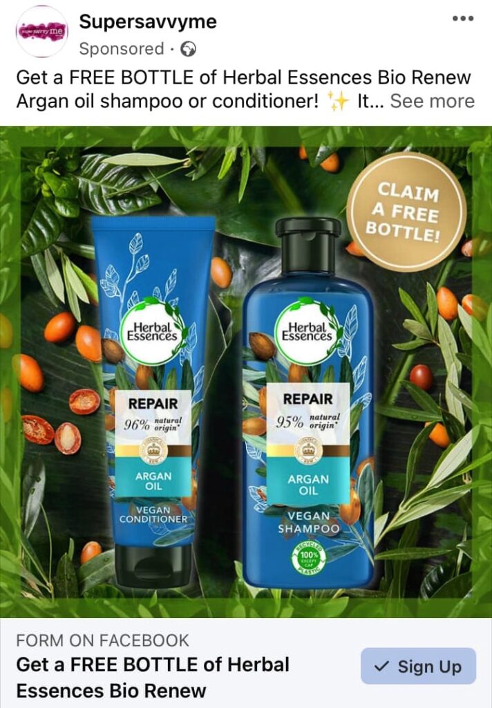 Free Herbal Essences Bio Renew sample ad facebook