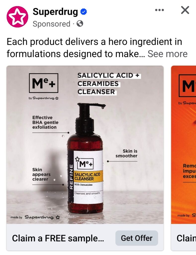 Superdrug Me+ Salicylic Acid Cleanser sample ad facebook