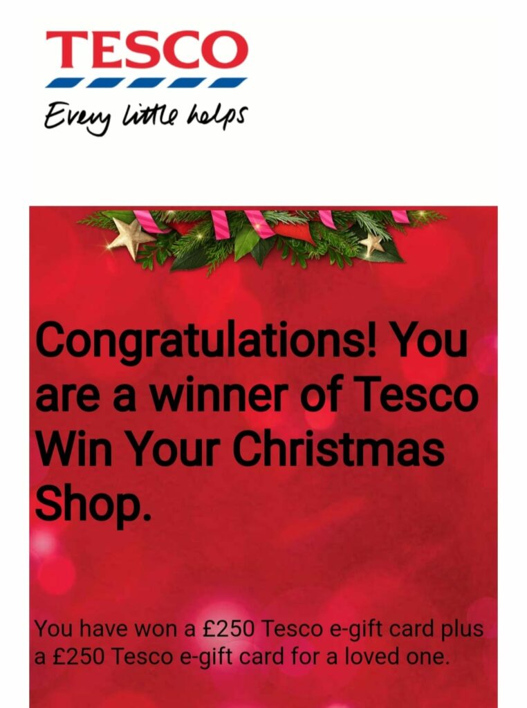 Tesco Win Your Christmas Free Gift Card winner