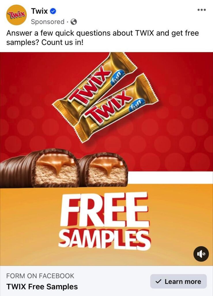 Twix Candy Bar sample ad facebook