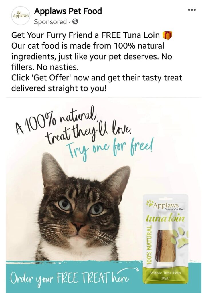 Applaws Pet Food sample ad on Facebook