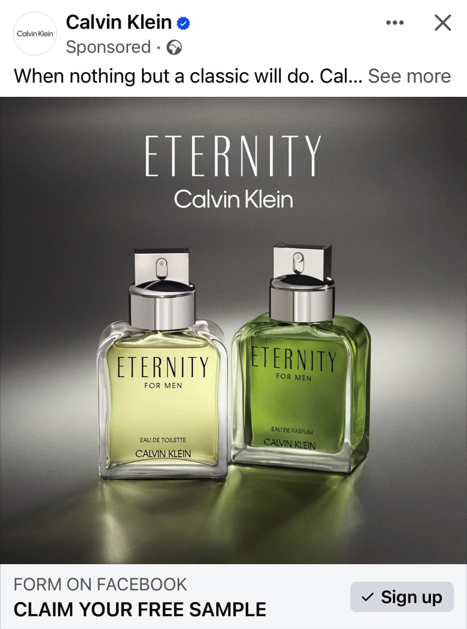 Calvin Klein Eternity Love sample ad Facebook