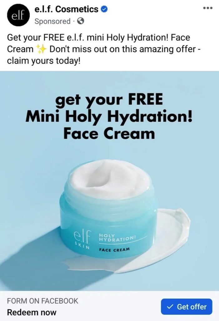ELF Holy Hydration Face Cream sample ad on Facebook