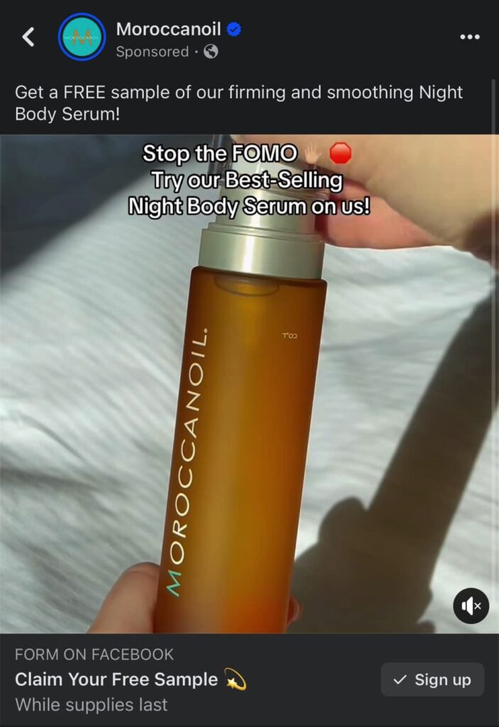 MoroccanOil Night Body Serum sample ad on Facebook