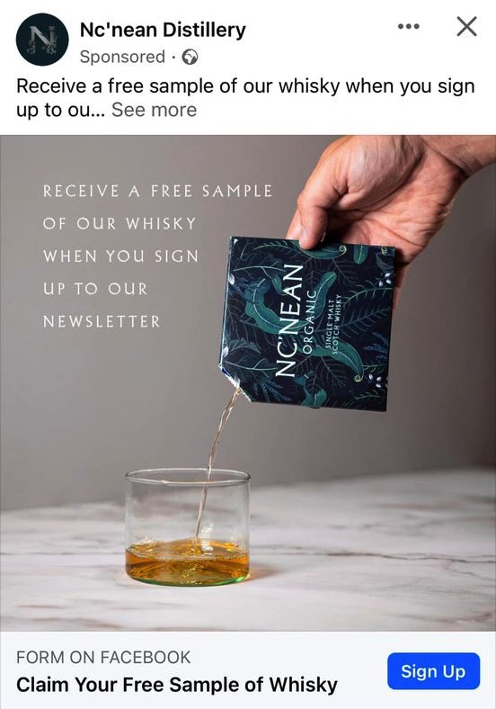 Nc'nean Drink sample ad on Facebook