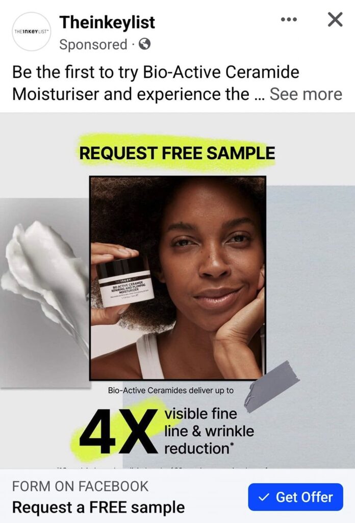 The INKEY List Moisturiser sample ad on Facebook