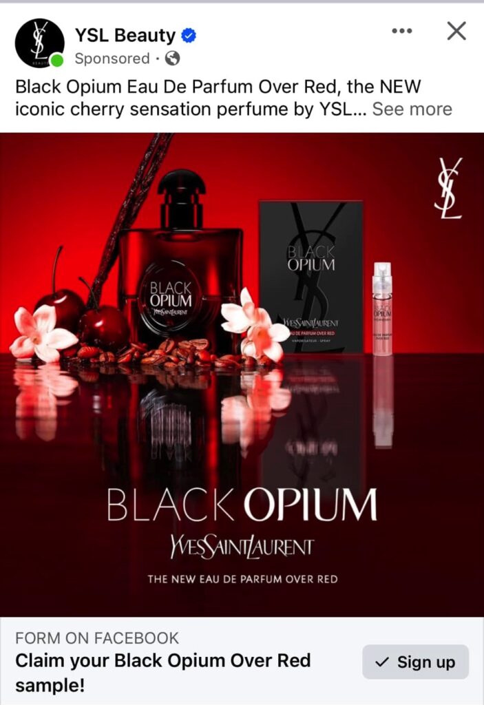 YSL Black Opium Over Red sample ad on Facebook