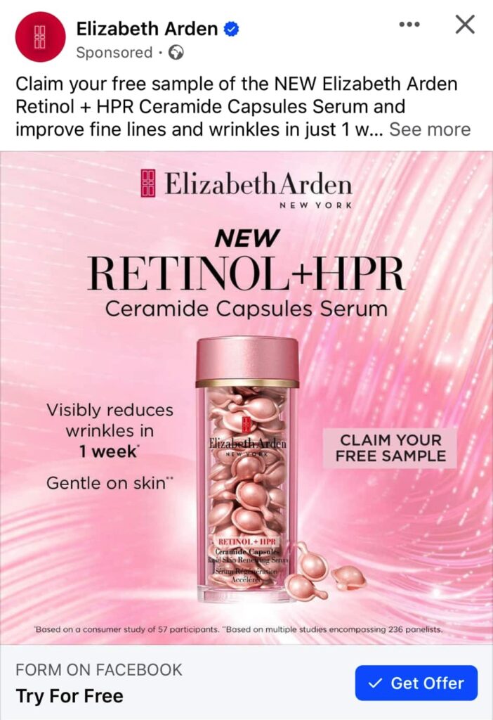 Elizabeth Arden Retinol HPR sample ad facebook
