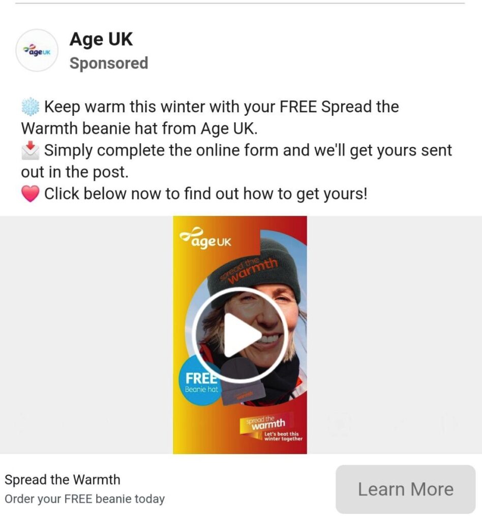 Free Warmth Beanie Hat ad on Facebook