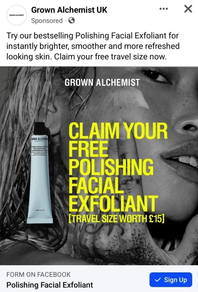 Grown Alchemist Facial Exfoliant sample ad on Facebook