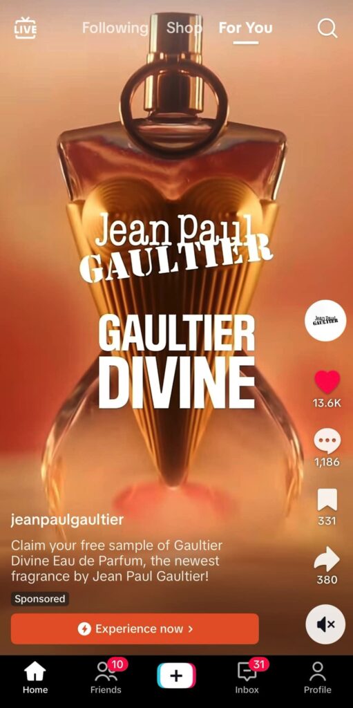 Jean Paul Gaultier Divine sample ad tiktok