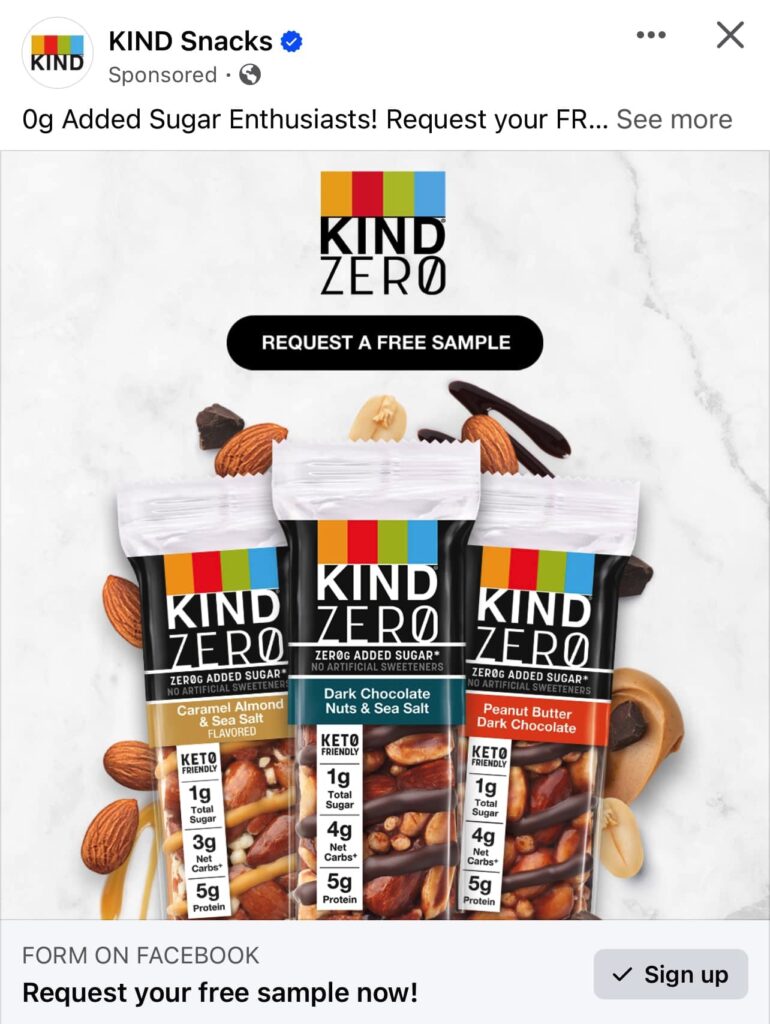 KIND Zero Bar sample ad on Facebook