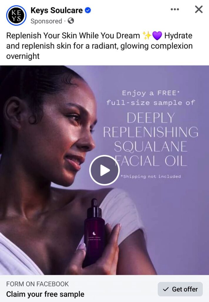 Keys Soulcare Facial Oil sample ad on Facebook