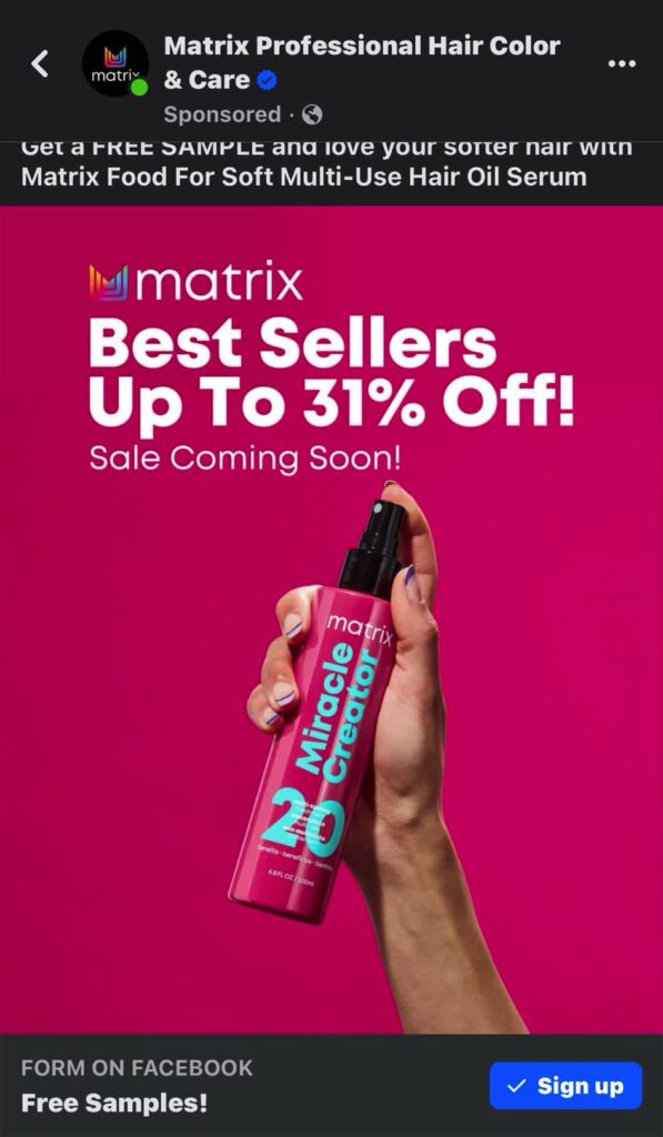 Matrix Hair Oil Serum sample ad on Facebook