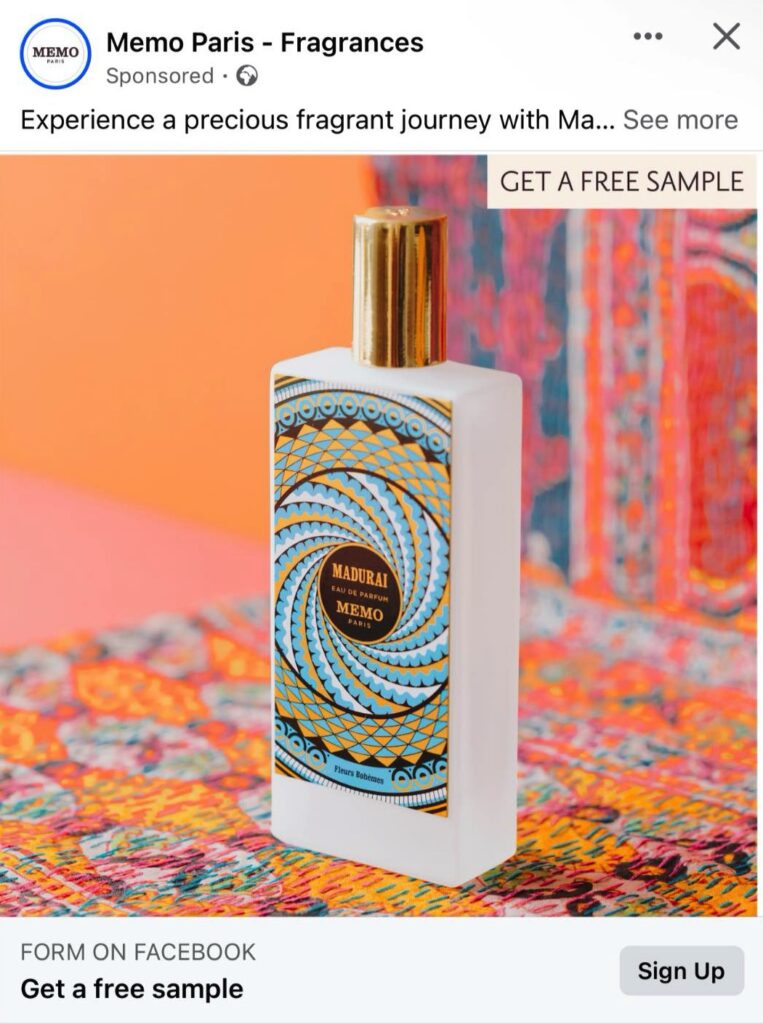 Memo Paris Fragrance sample ad on Facebook