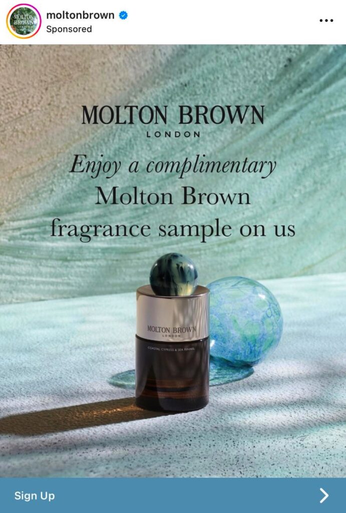 Molton Brown Coastal Cypress & Sea Fennel sample ad on Instagram